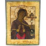 Early 20th Century icon, oil on panel, study of The Virgin Mary, with Christ on the cross