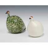 Two La Pintade ceramic guinea fowl, one white glazed, one mottle green glazed 16cm and 18cm