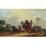 19th Century naive oil on canvas unsigned "The Bath and London Coach" with a coach, horses and