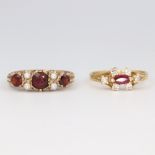 A yellow metal garnet and pearl ring, size Q, 3.4 grams together with a ruby and diamond 18ct yellow