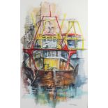 Linda Winter, mixed media signed in pencil, study of moored boats 70cm x 42cm