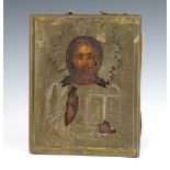 A 19th Century Russian Orthodox icon, oil on panel, of Christ The Pantocrator, contained in a