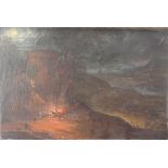19th Century Continental oil on board unsigned, figures beside a campfire in a moonlit extensive