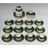 A Coalport Athlone Green pattern coffee set with green and gilt banding comprising coffee pot, 12