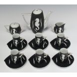 A stylish mid-Century Thistledown coffee set, the black ground decorated with a seahorse and