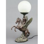 A bronzed table lamp in the form of Pegasus with cherub and crackle glass shade 47cm h x 16cm x 14cm