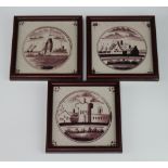 Three 19th Century Delft ochre tiles decorated with buildings and boats, framed 13cm