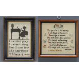 A silhouette sampler of a girl playing a piano dated 1930 by M Herbert 24cm x 16cm together with a