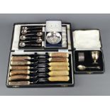 A set of 6 pairs of Fortnum & Mason stag horn steak knives and forks, 2 cased sets and a plated dish