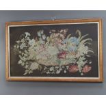 A Victorian silk work embroidery still life of a basket of flowers 38cm x 62cm