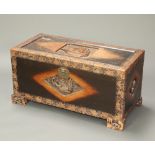 A carved Chinese camphor coffer with hinged lid decorated a sailing ship 47cm x 94cm x 45cm Sun