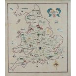 Early 20th Century sampler, a map of England and Wales 53cm x 46cm