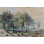 A 19th Century watercolour unsigned, study of cattle beneath trees and distant church 32cm x 46cm