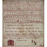 An early 19th Century sampler with alphabets and verse with a country house by Sarah Baxter aged