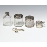 A silver mounted glass pot and cover Birmingham 1912, 2 others, a cup holder and a brooch with spoon