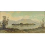 P J Stuart, oil on board, lake scene with distant mountains 19cm x 39cm