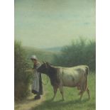 William Frederick Hulk (1852-1906), oil on board signed, study of a milkmaid and cow in an extensive