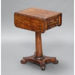 A William IV pedestal drop flap work table fitted 2 drawers, raised on a turned column and triform