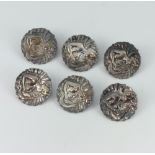 A set of 6 Edwardian repousse silver buttons decorated with a lady harpist, Birmingham 1902, 18