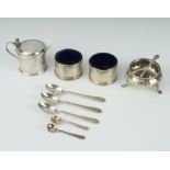A Victorian silver salt London 1881, 3 other condiments, 7 spoons, 168 grams