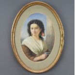 A Victorian oval watercolour unsigned, study of a Continental lady 26cm x 18cm
