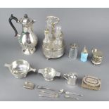 A silver plated Queen Anne style coffee pot with ebony mounts, a condiment and minor plated wares