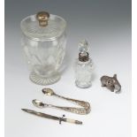 A Victorian silver and other mother of pearl sword bookmark Birmingham 1893, a mounted jar, scent,