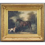 Equestrian study, varnished print of horse and dog on board 40cm x 50cm