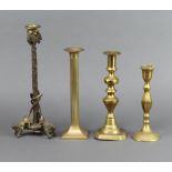 A 19th Century gilt bronze candlestick supported by three lions 32cm h x 12 cm diam, a 19th