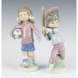 Two Lladro Sport Billy figures - boy baseball player 25cm and girl footballer 24cm