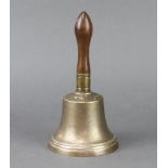 A 19th Century bell metal handbell with turned fruitwood handle, marked W H Tang, 24cm x 12.5cm