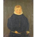 19th Century oil on canvas unsigned, naive study of a young man with frilled collar holding a racket