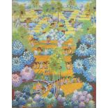 20th Century watercolour on canvas extensive Eastern scene with crop gatherers amongst trees,