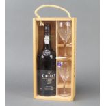 A 70cl bottle of 1990 Croft late bottled vintage port, contained in a wooden box with 2 Royal