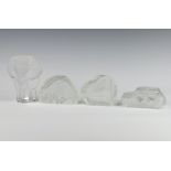 A Mats Johansson glass paperweight in the form of an elephant 14cm, 2 others of birds and 1 of a