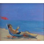 **Sarah Butterfield born 1953, oil on board signed, figure on the beach, with Cadogan Contemporary