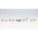 Five 9ct yellow gold gem set rings sizes O, O, P, P and P, 10 grams