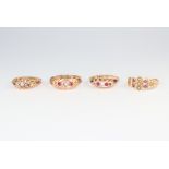 Three 9ct yellow gold gem set rings 4.5 grams, size M and a 15ct ditto size N, 2 grams