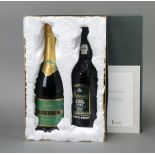 A bottle of Harrods Premier Cru champagne together with bottle of Harrods Finest Reserve Port by