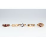 Five 9ct yellow gold gem set rings all size M, 11.6 grams gross