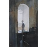 **Peter J Kelly born 1931, watercolour "The West Window Buttsbury Church" monogrammed 49cm x