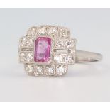 An 18ct white gold Art Deco style pink sapphire and brilliant cut diamond ring 5.2 grams, size M