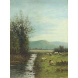 William Frederick Hulk (1852-1906), oil on board signed, study of sheep beside a stream with distant