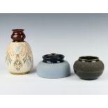 A Langley oviform vase with geometric decoration 20cm, a ditto tobacco jar 9cm and a bowl 9cm