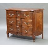 A French oak serpentine fronted chest with crossbanded top, fitted 3 drawers, raised on cabriole