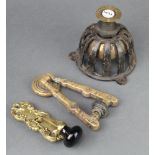 A Browns patent doorbell 13cm x 12cm, a Victorian brass Arts & Crafts door knocker 14cm x 7cm and