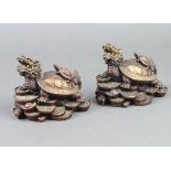 A pair of Chinese bronze figures of tortoise dragons 10cm