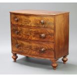 A 19th Century mahogany bow front chest of 3 drawers raised on turned supports 86cm h x 92cm w x