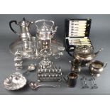 A silver plated Art Deco 4 piece tea set with ebony mounts, ditto kettle on stand with burner and