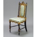 A Victorian ebonised and gilt painted papier mache hall chair with upholstered seat and back